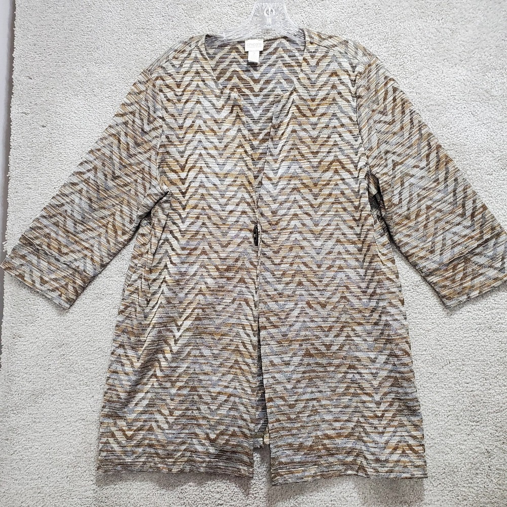 Chico's Top Women's 2 Multi Brown Geometric Cardigan Long Sleeve Open‎ Front